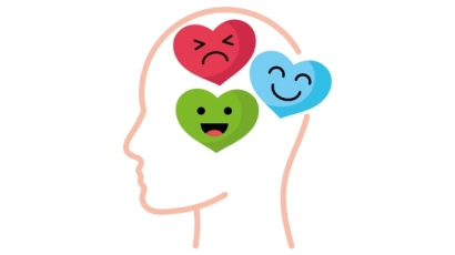 Silhouette of a human head with three cartoon hearts illustrated -- an angry red, an excited green and a happy blue. Reading kids' stories increases your child's emotional intelligence.