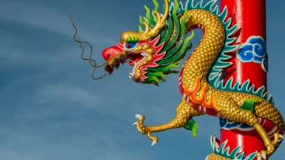 Statue of a Chinese dragon curled around a pole