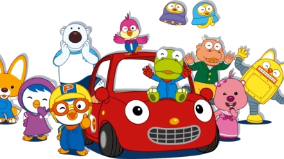 Pororo characters surrounding a red car