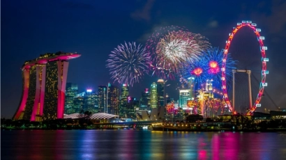 Fireworks at night, against the Singapore skyline. For a family day out, one can watch the NDP firework rehearsal