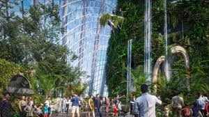 Image of cloud Forest with various Jurassic World animatronics featured. The Jurassic World Cloud Forest is a fun activity to bring kids on in the June Holidays