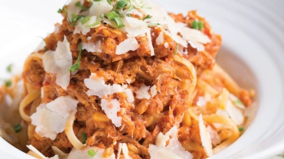 A plate of crabmeat pasta served at The Marmalade Pantry, one of the places where kids can eat free