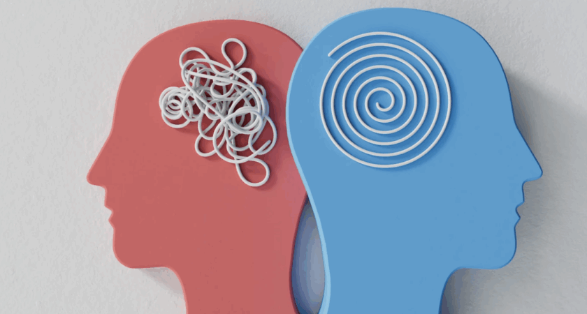 A picture of two heads with string inside, one scriggly and one neat, representing dysgraphia and dyscalculia