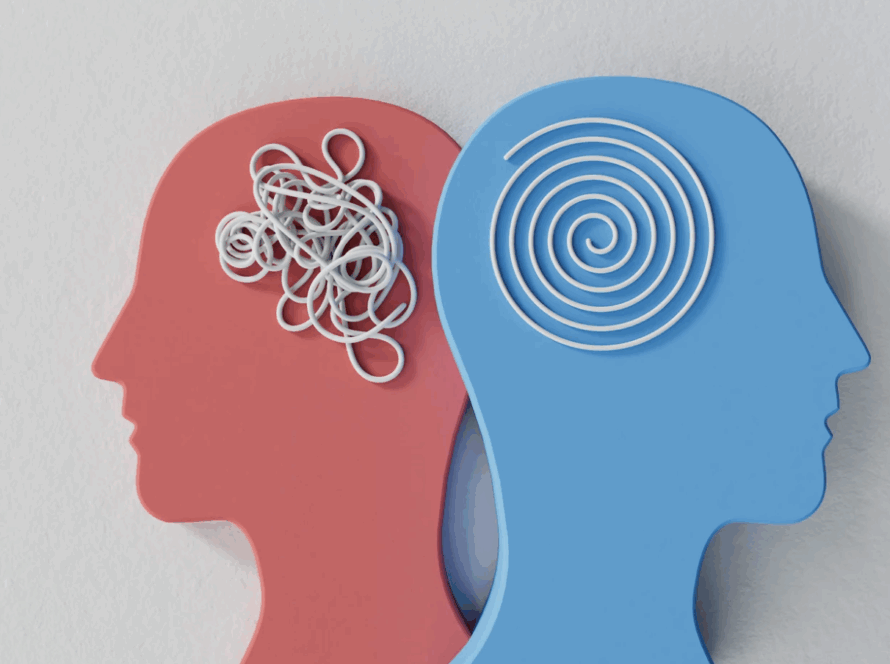 A picture of two heads with string inside, one scriggly and one neat, representing dysgraphia and dyscalculia